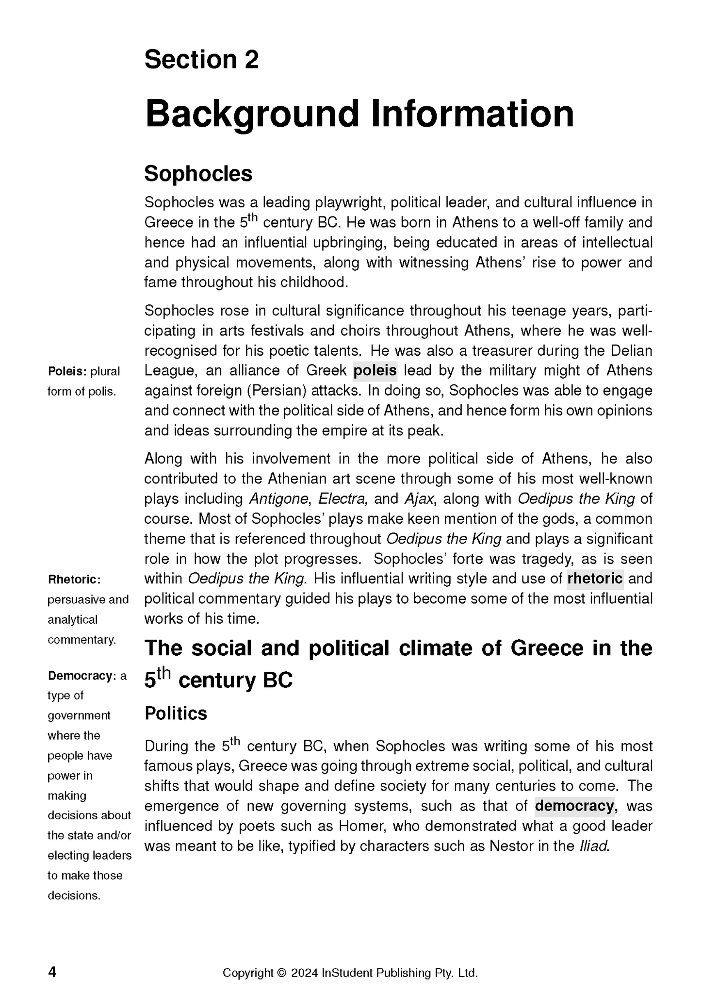 White text guide page by InStudent Publishing Pty. Ltd. displaying background information for Sophocles with definitions of 'Poleis', 'Rhetoric', and 'Democracy'.
