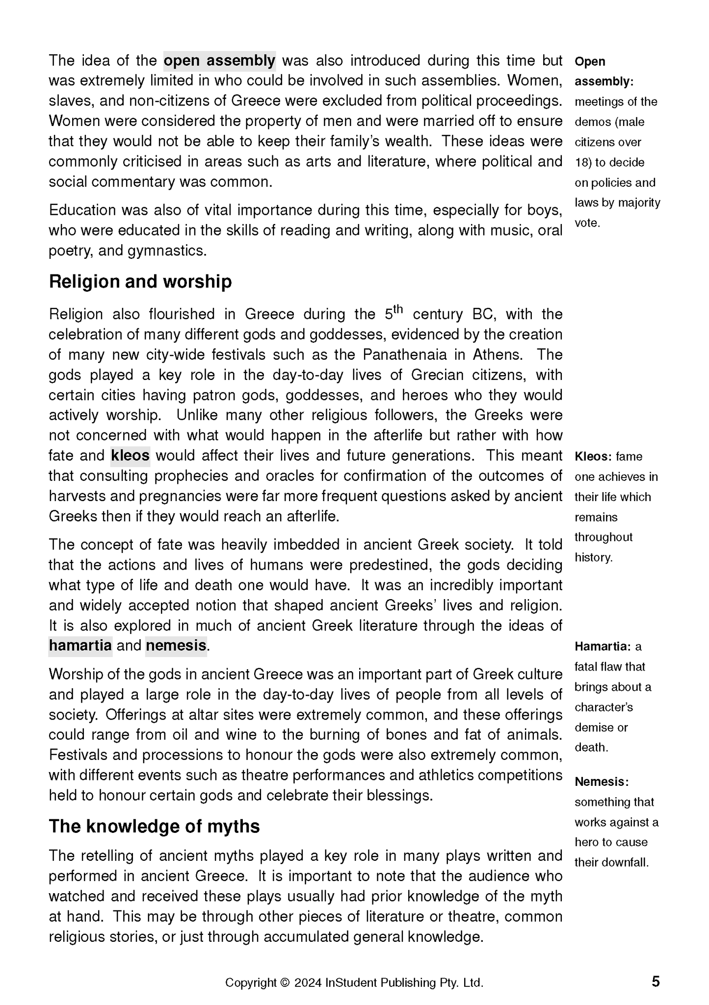 Text guide page on Oedipus the King from InStudent Publishing Pty. Ltd., displaying black text, highlighted terms, and marginal definitions.