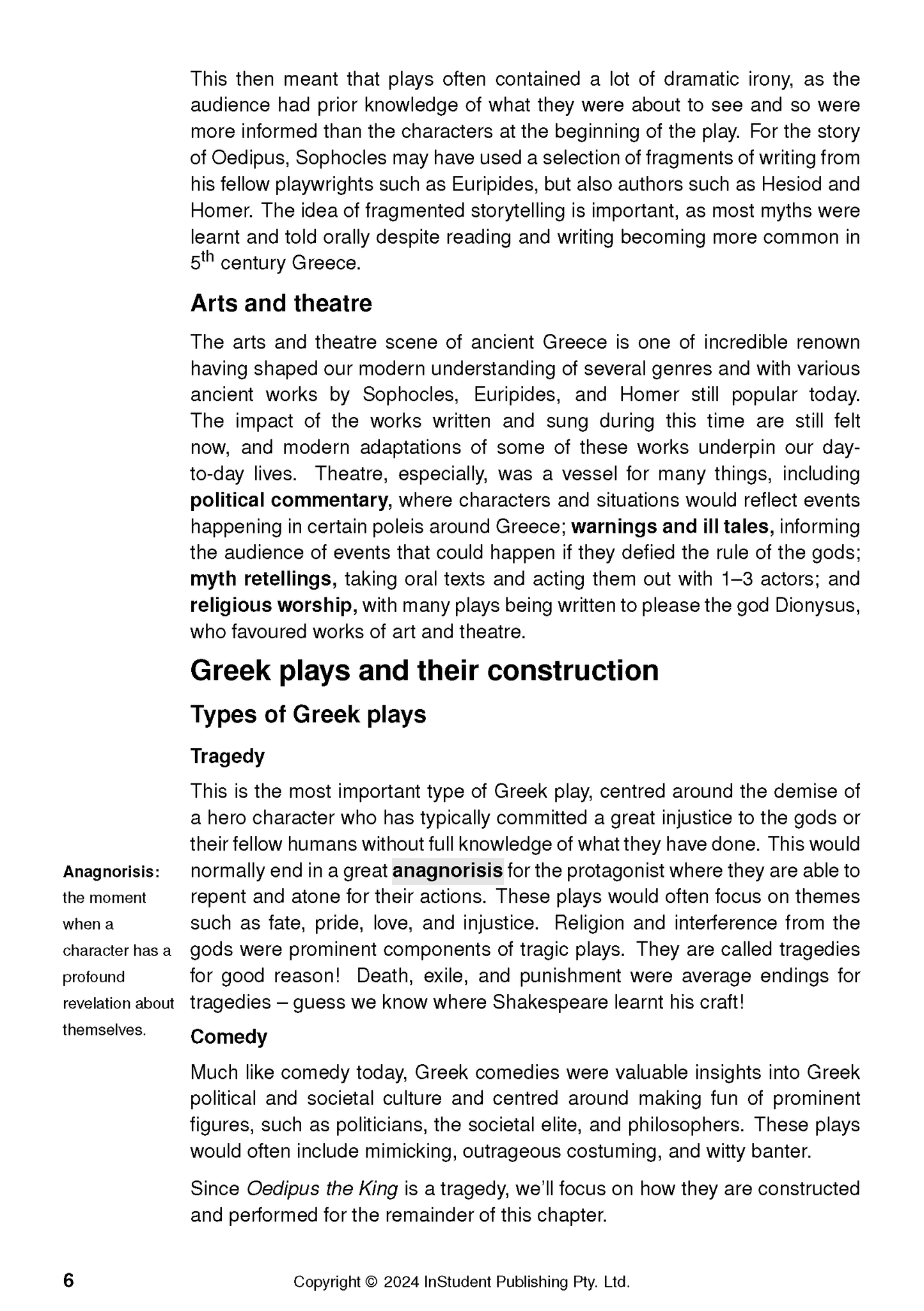 A text guide page for Oedipus the King by Sophocles, featuring black text, bold headings, and a sidebar definition on a white background.
