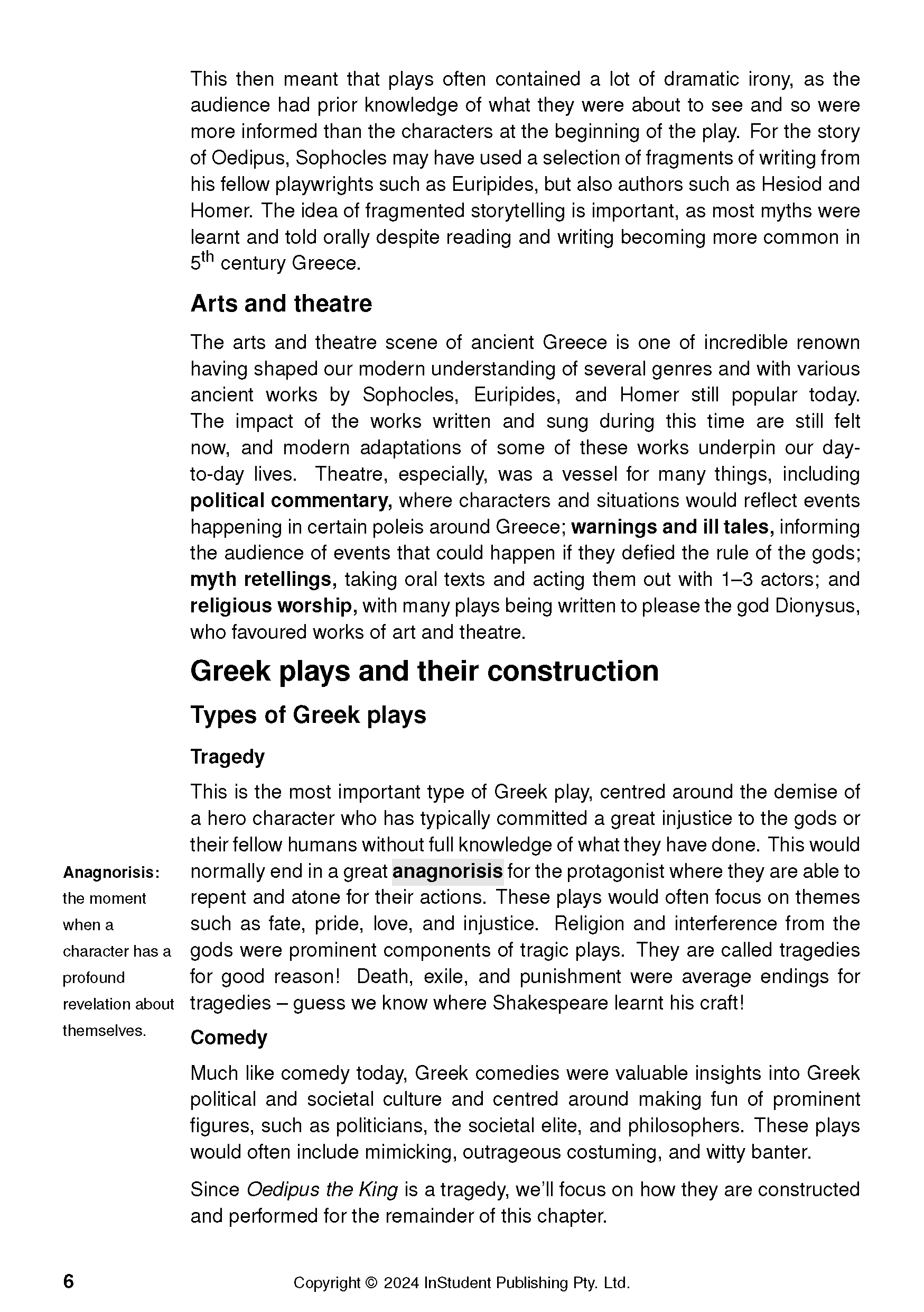 A text guide page for Oedipus the King by Sophocles, featuring black text, bold headings, and a sidebar definition on a white background.