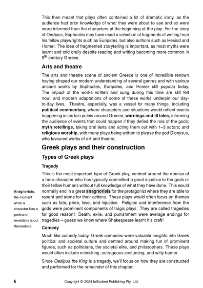 A text guide page for Oedipus the King by Sophocles, featuring black text, bold headings, and a sidebar definition on a white background.