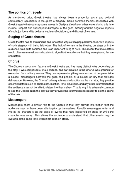 Page from Text Guide for Oedipus the King by Sophocles, covering Greek theatre politics, staging, Chorus, and Messengers, numbered 7.