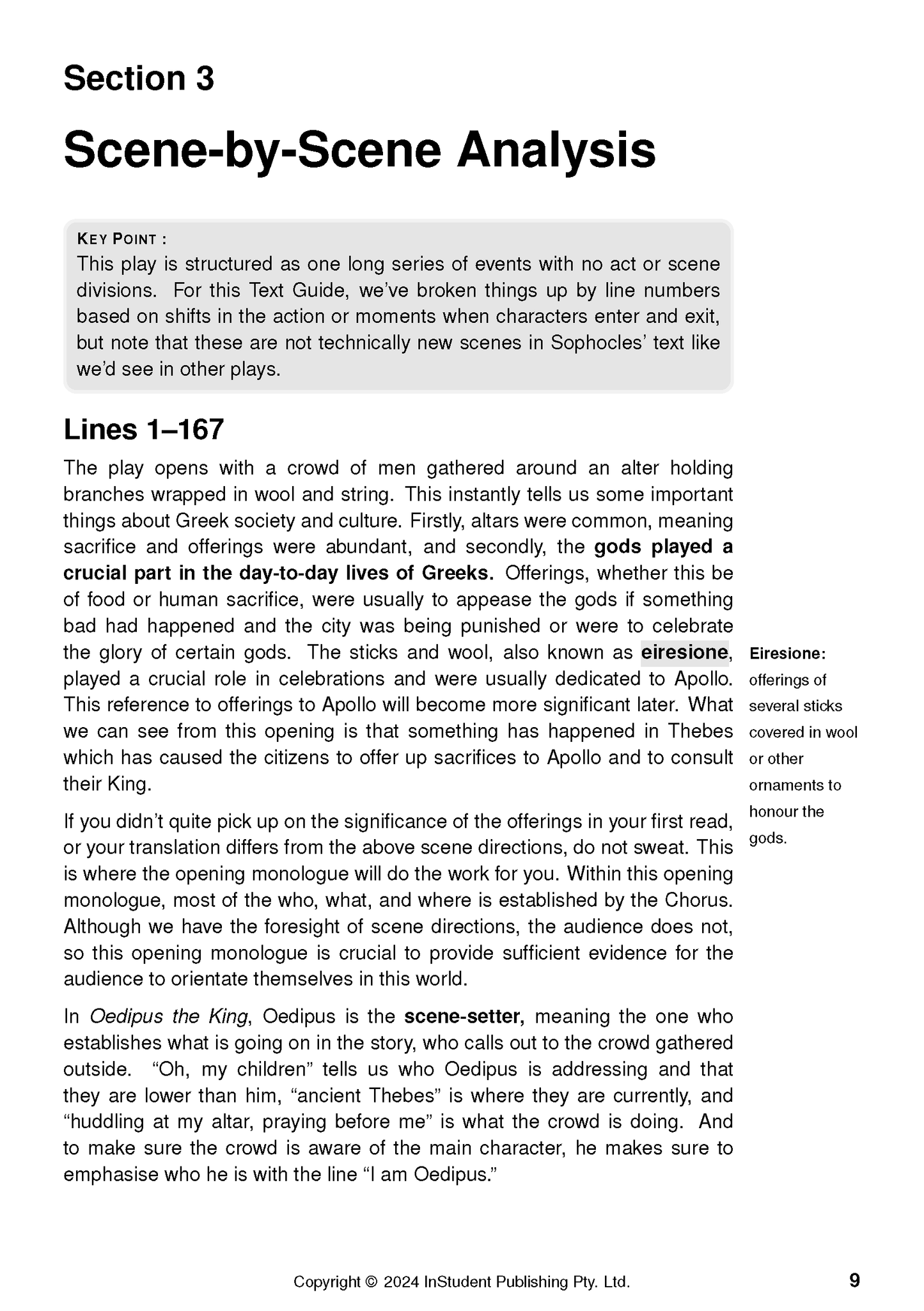 White page text guide by InStudent Publishing Pty. Ltd. showing 'Section 3 Scene-by-Scene Analysis' for Oedipus the King.