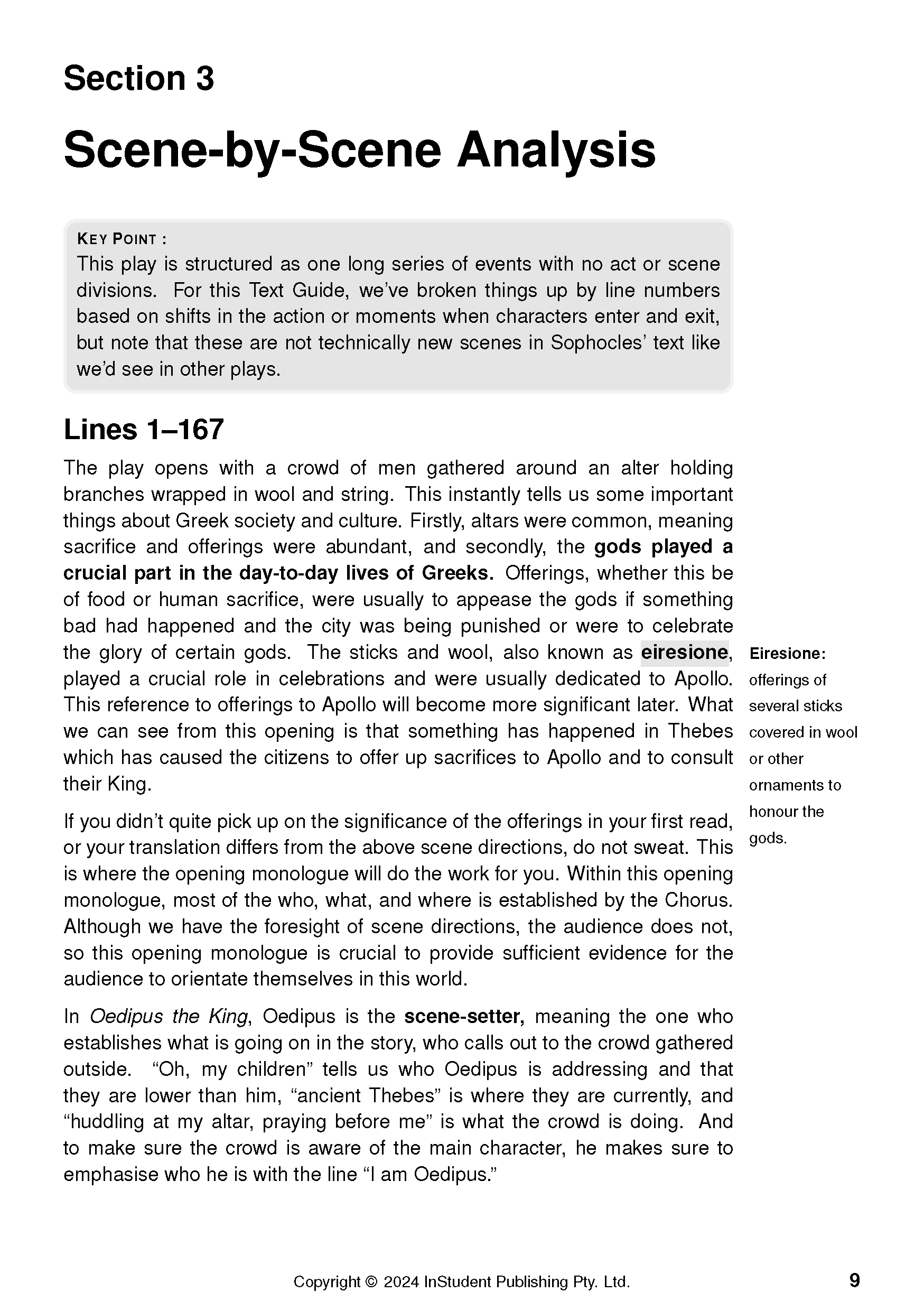White page text guide by InStudent Publishing Pty. Ltd. showing 'Section 3 Scene-by-Scene Analysis' for Oedipus the King.