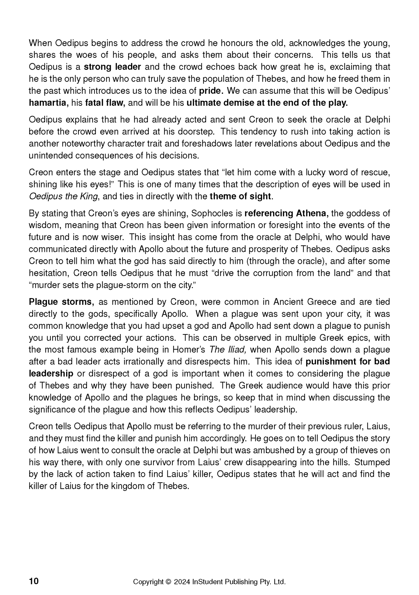 Text Guide page for Oedipus the King, with black text on white, showing page 10 with bolded key terms.