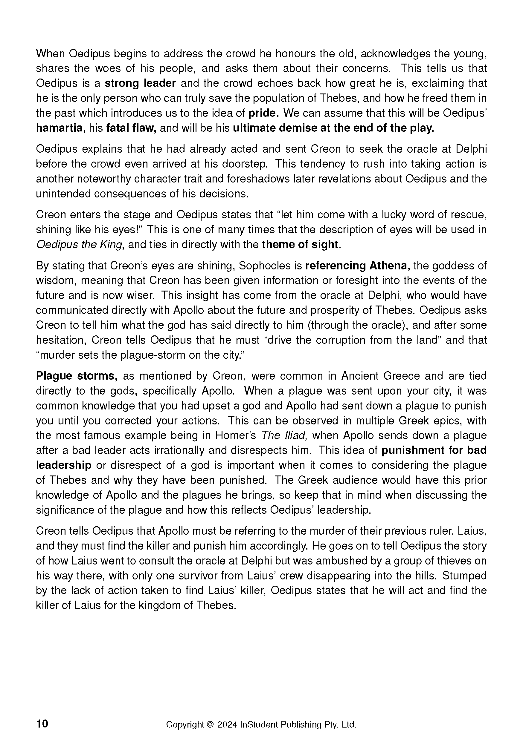 Text Guide page for Oedipus the King, with black text on white, showing page 10 with bolded key terms.
