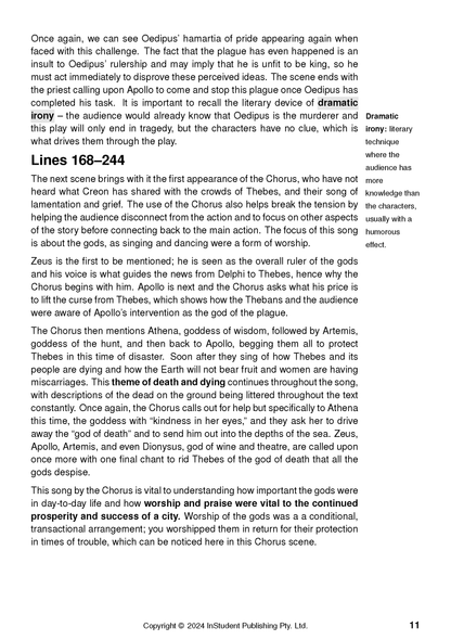 Text Guide on Oedipus the King by Sophocles, showing a page with black text on a white page, bolded phrases, and page number 11.
