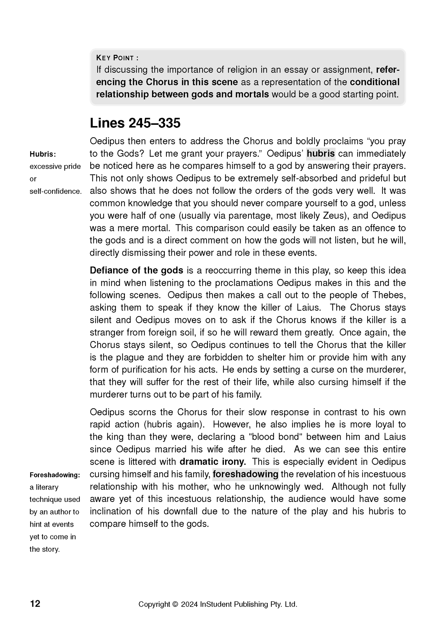 Text Guide page from InStudent Publishing Pty. Ltd. showing analysis of Oedipus the King, with definitions and a key point box.