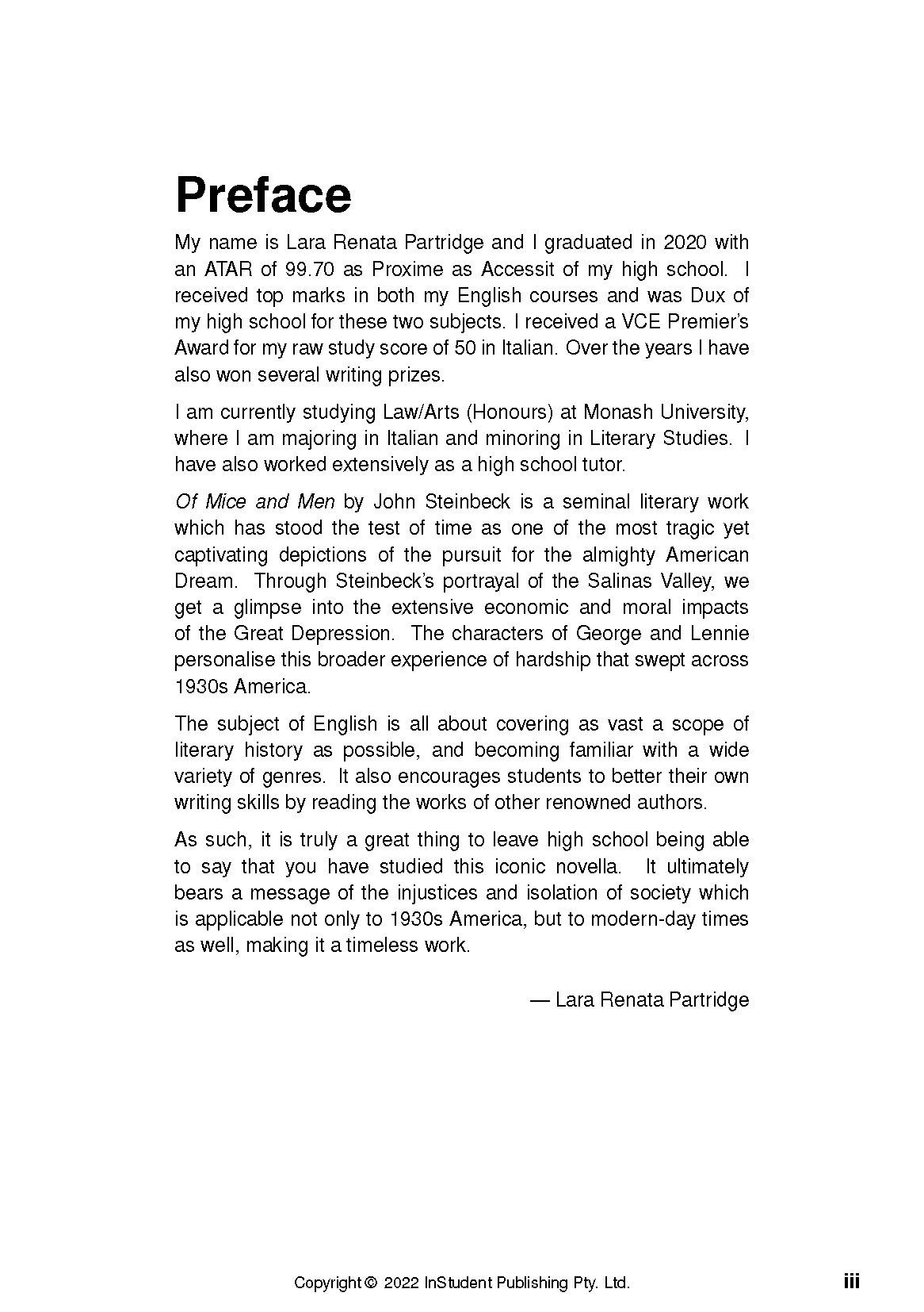 Text Guide page from InStudent Publishing Pty. Ltd., displaying a preface about 'Of Mice and Men' by John Steinbeck.