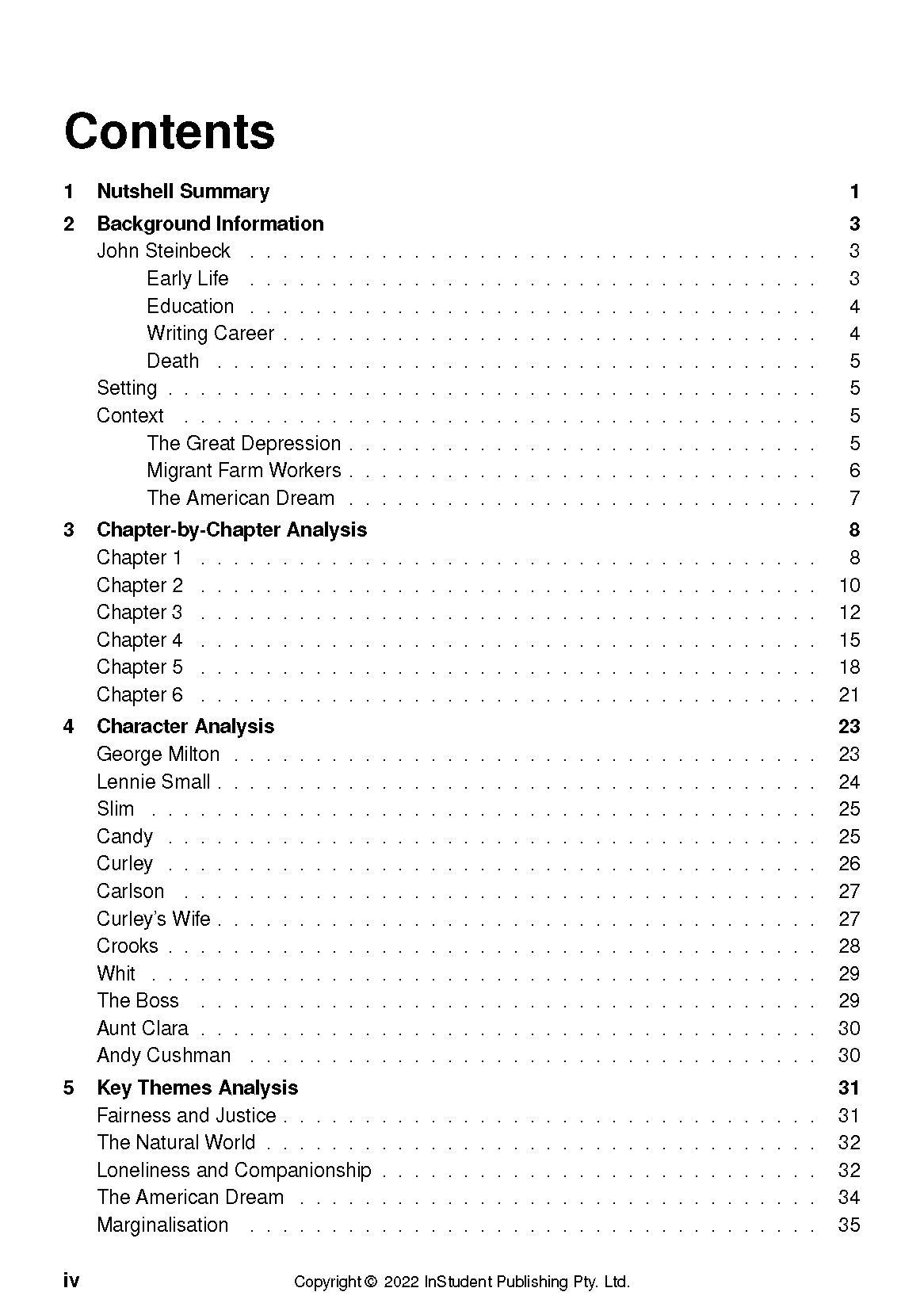 Text guide for Of Mice and Men by InStudent Publishing Pty. Ltd., displaying the table of contents with chapters and page numbers.
