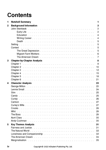 Text guide for Of Mice and Men by InStudent Publishing Pty. Ltd., displaying the table of contents with chapters and page numbers.