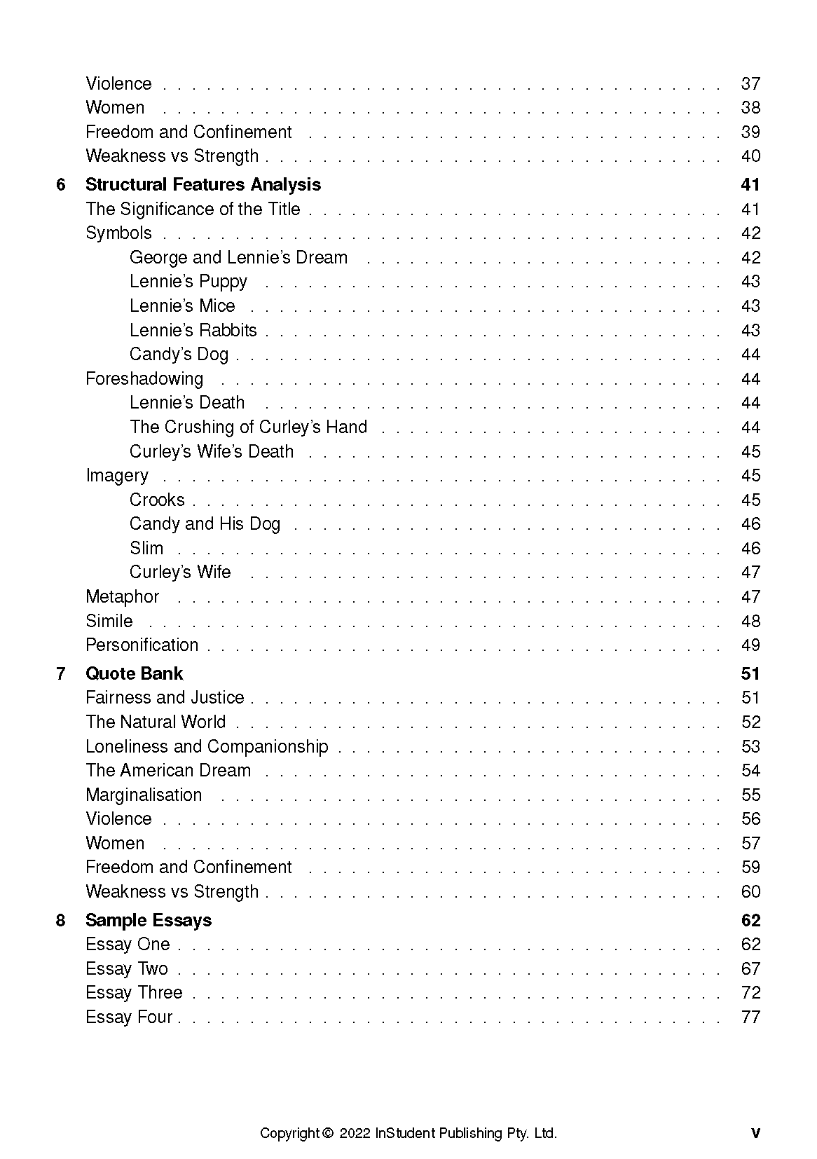Text Guide for Of Mice and Men by John Steinbeck from InStudent Publishing Pty. Ltd., featuring a table of contents page with sections and corresponding page numbers.