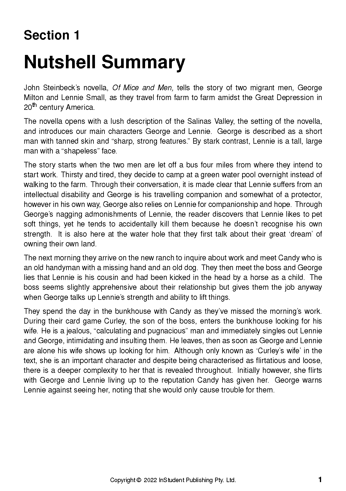 Text Guide page with black text showing a Nutshell Summary of Of Mice and Men.