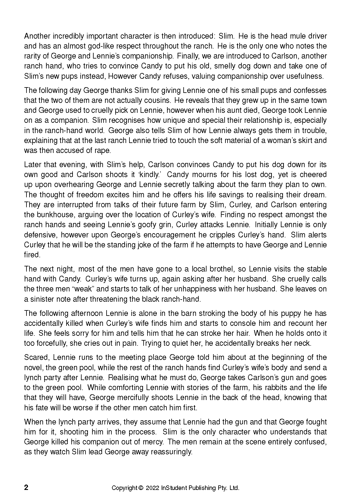 White page from a text guide with black printed content about Of Mice and Men, showing page number 2.