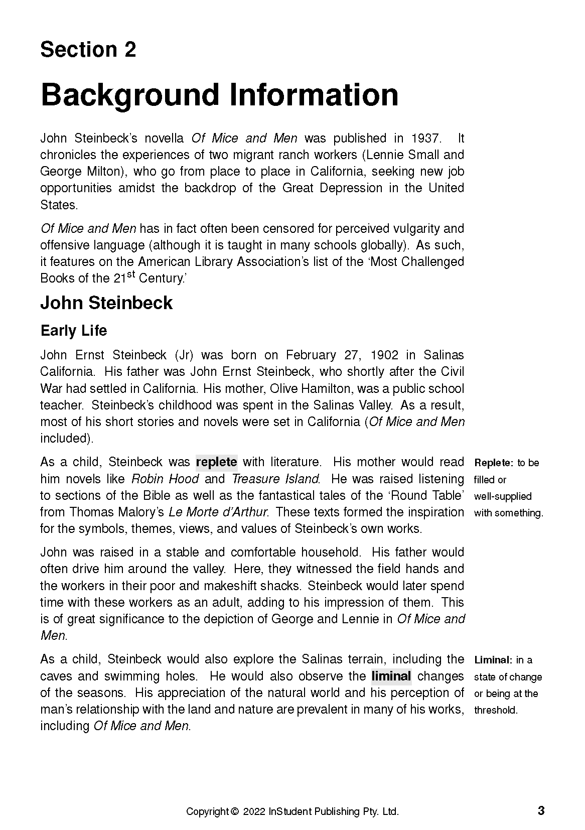 Text Guide on Of Mice and Men from InStudent Publishing Pty. Ltd., displaying a white page with black text and definitions.