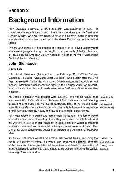 Text Guide on Of Mice and Men from InStudent Publishing Pty. Ltd., displaying a white page with black text and definitions.