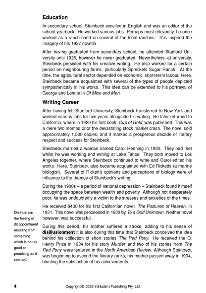 Text Guide page for Of Mice and Men, displaying text sections about Education and Writing Career, alongside a Disillusion definition.