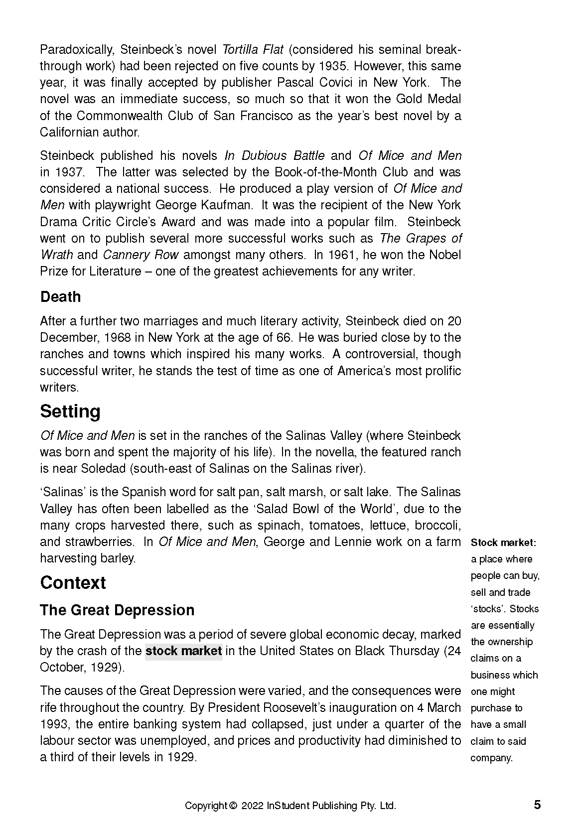 Text guide page featuring content about John Steinbeck's novels like Of Mice and Men, his life, and historical context including the Great Depression.