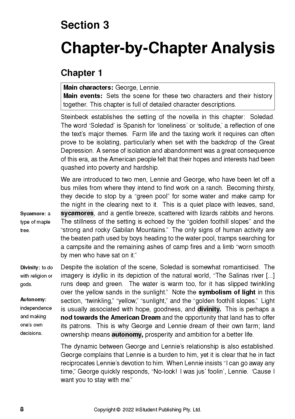 Text guide for Of Mice and Men, showing a page with chapter analysis, key terms, and literary explanations.