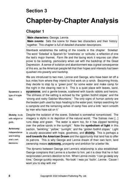 Text guide for Of Mice and Men, showing a page with chapter analysis, key terms, and literary explanations.