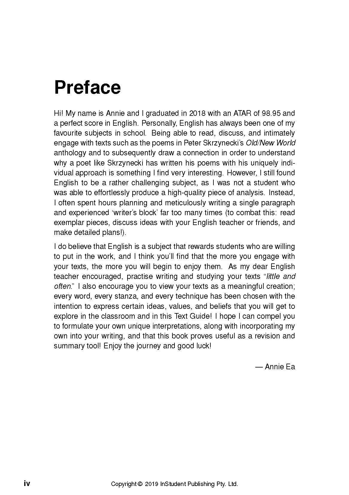 Text Guide by InStudent Publishing Pty. Ltd., featuring a white page displaying the 'Preface' about Peter Skrzynecki's 'Old/New World'.