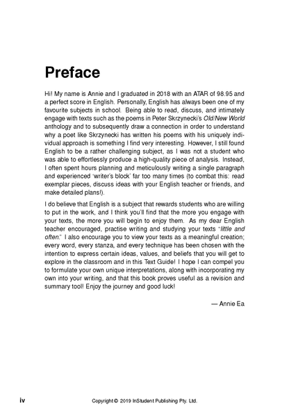 Text Guide by InStudent Publishing Pty. Ltd., featuring a white page displaying the 'Preface' about Peter Skrzynecki's 'Old/New World'.