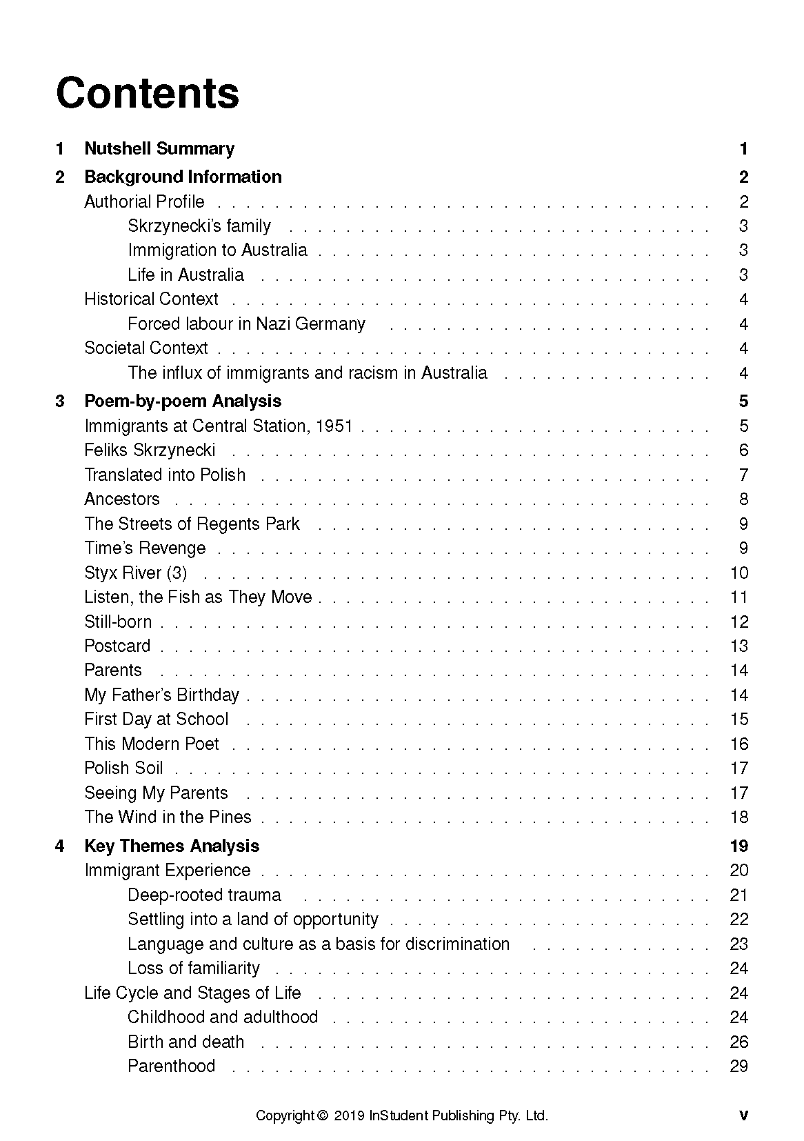 Text guide table of contents page with black headings, sub-sections, dotted lines, and page numbers on a white background.
