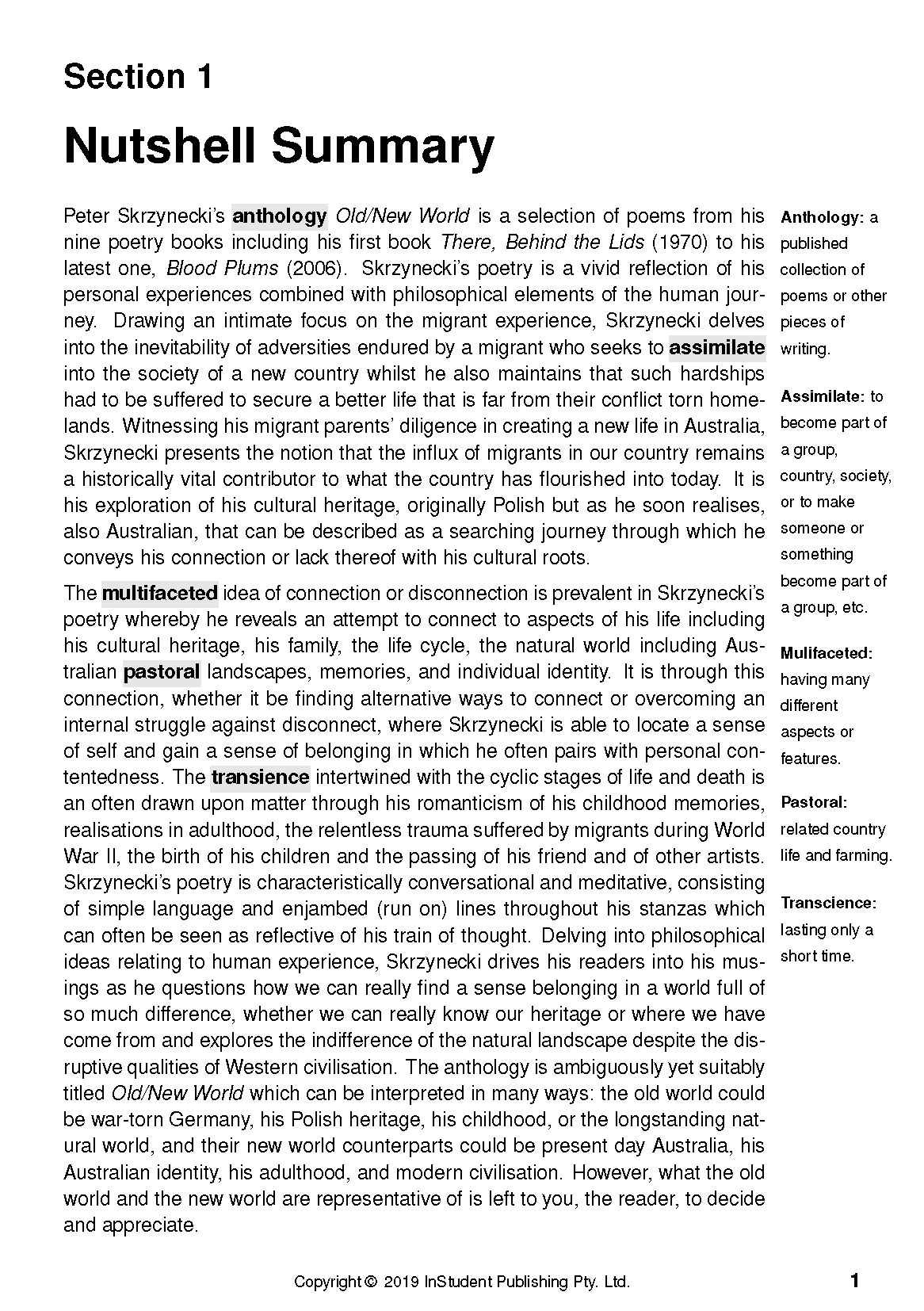 Text Guide Old/New World by Peter Skrzynecki with a cropped page showing 'Nutshell Summary' and glossary definitions.