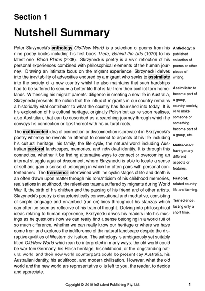 Text Guide Old/New World by Peter Skrzynecki with a cropped page showing 'Nutshell Summary' and glossary definitions.