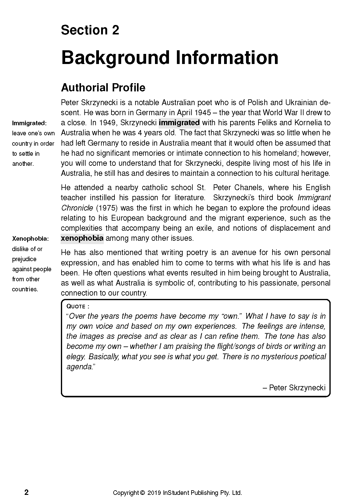 Text guide page by InStudent Publishing Pty. Ltd. on white paper with black text showing author profile and glossary definitions.