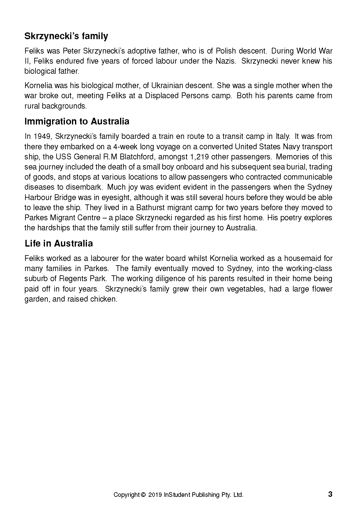 A text guide page by InStudent Publishing, showing black text on a white background about the Skrzynecki family.