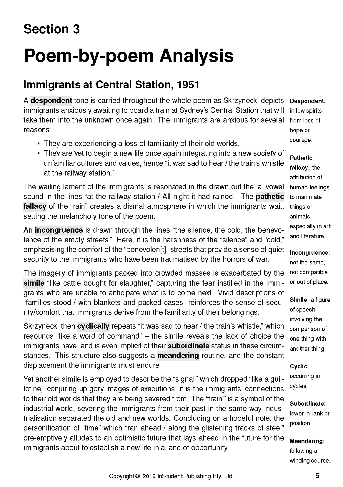 Text guide page by InStudent Publishing Pty. Ltd. featuring 'Poem-by-poem Analysis' of 'Immigrants at Central Station, 1951' with literary terms highlighted.