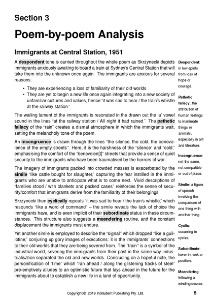 Text guide page by InStudent Publishing Pty. Ltd. featuring 'Poem-by-poem Analysis' of 'Immigrants at Central Station, 1951' with literary terms highlighted.