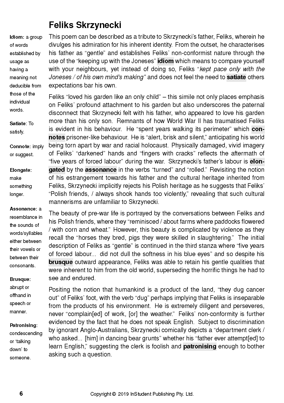 White text guide page by Peter Skrzynecki displaying an analysis of 'Feliks Skrzynecki' with definitions and highlighted literary terms.
