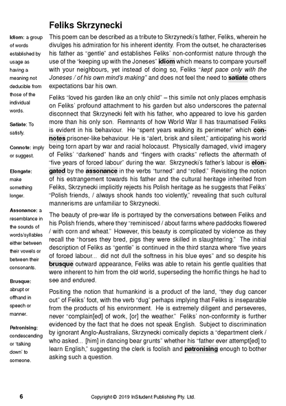White text guide page by Peter Skrzynecki displaying an analysis of 'Feliks Skrzynecki' with definitions and highlighted literary terms.