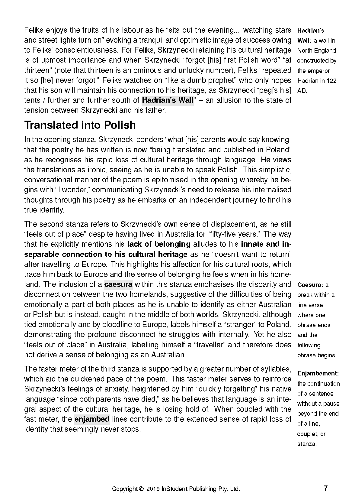 Text Guide page with black text, headings, and side notes defining literary terms on white paper.