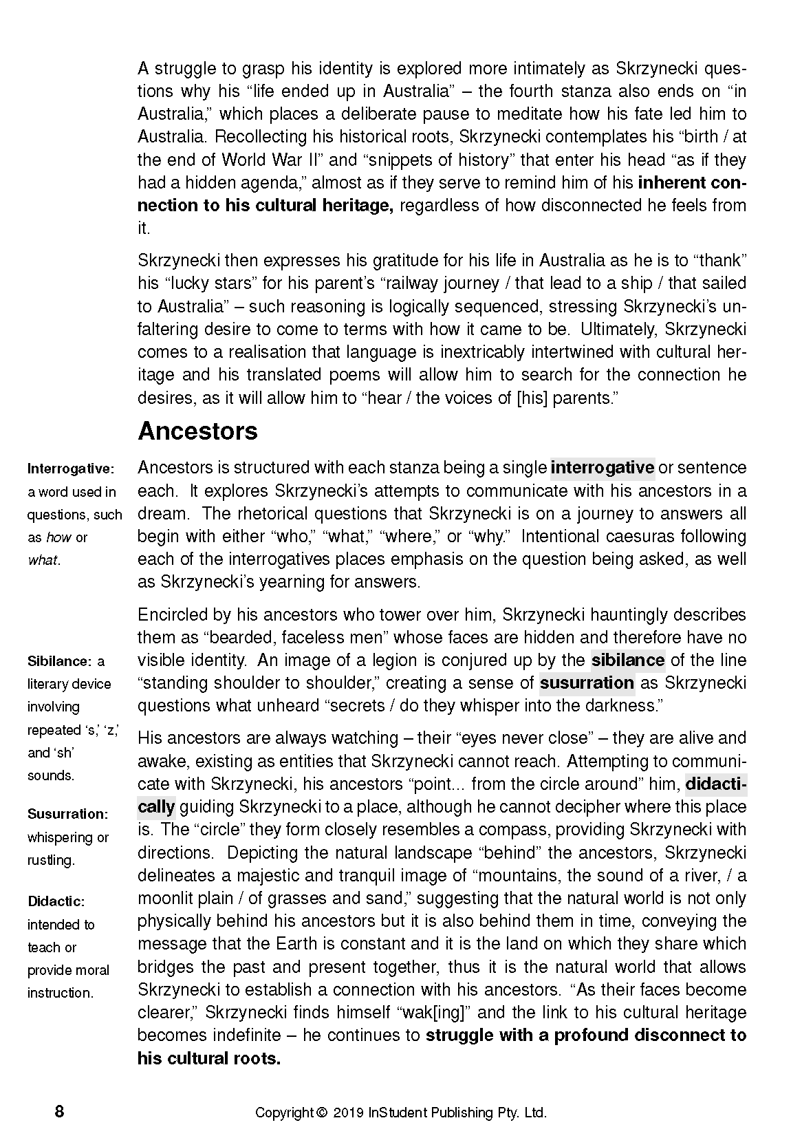 Text guide page by Peter Skrzynecki, featuring black text on white with definitions and an essay analysis of his work.