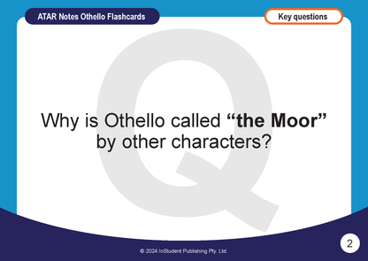 A study flashcard by ATAR Notes with blue and dark purple borders, displaying the question 'Why is Othello called “the Moor” by other characters?'