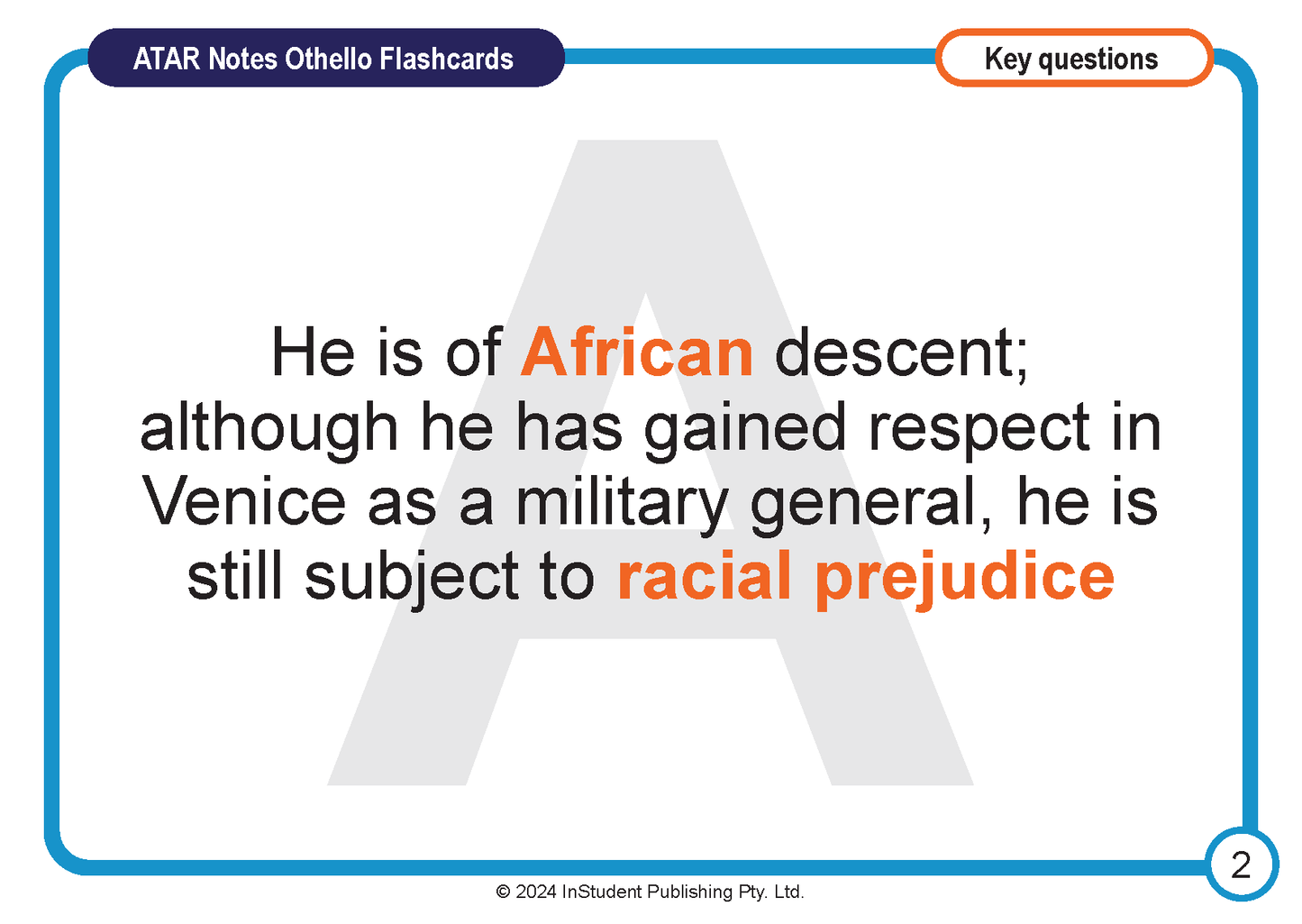 White flashcard from ATAR Notes featuring text on Othello's African descent and racial prejudice, with a blue border and faint 'A' watermark.