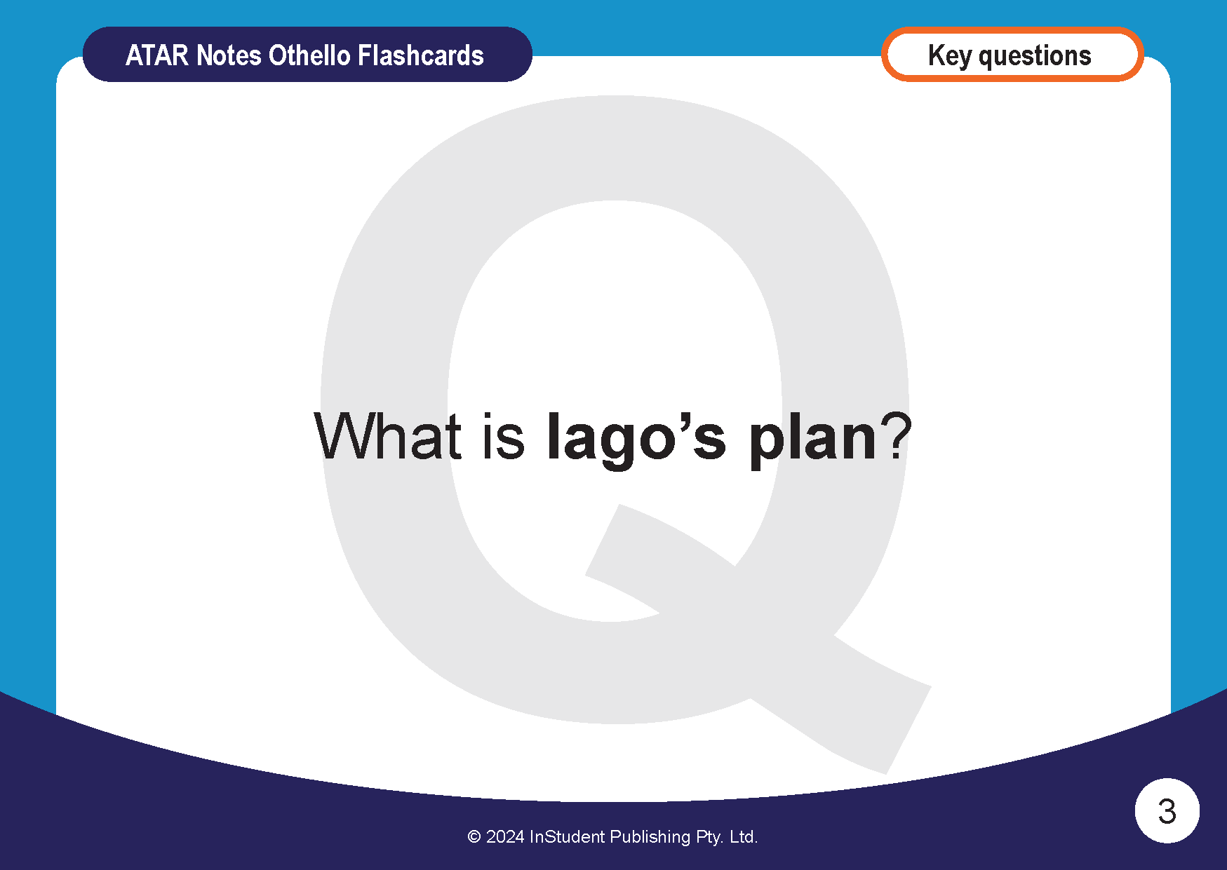 Othello flashcards by ATAR Notes, featuring the question "What is Iago's plan?" on a blue and white background.