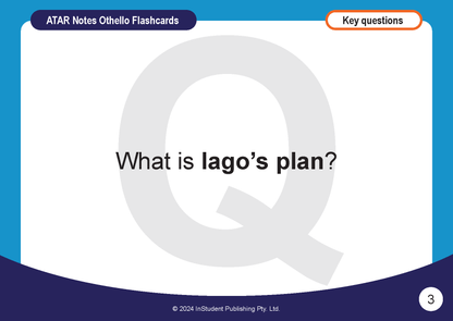 Othello flashcards by ATAR Notes, featuring the question "What is Iago's plan?" on a blue and white background.