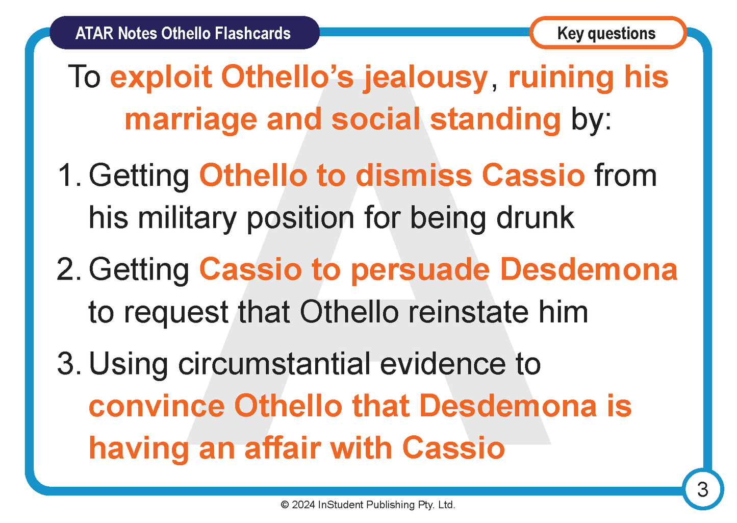 Othello flashcard by ATAR Notes, white with blue border, outlining Iago's plot to exploit Othello.