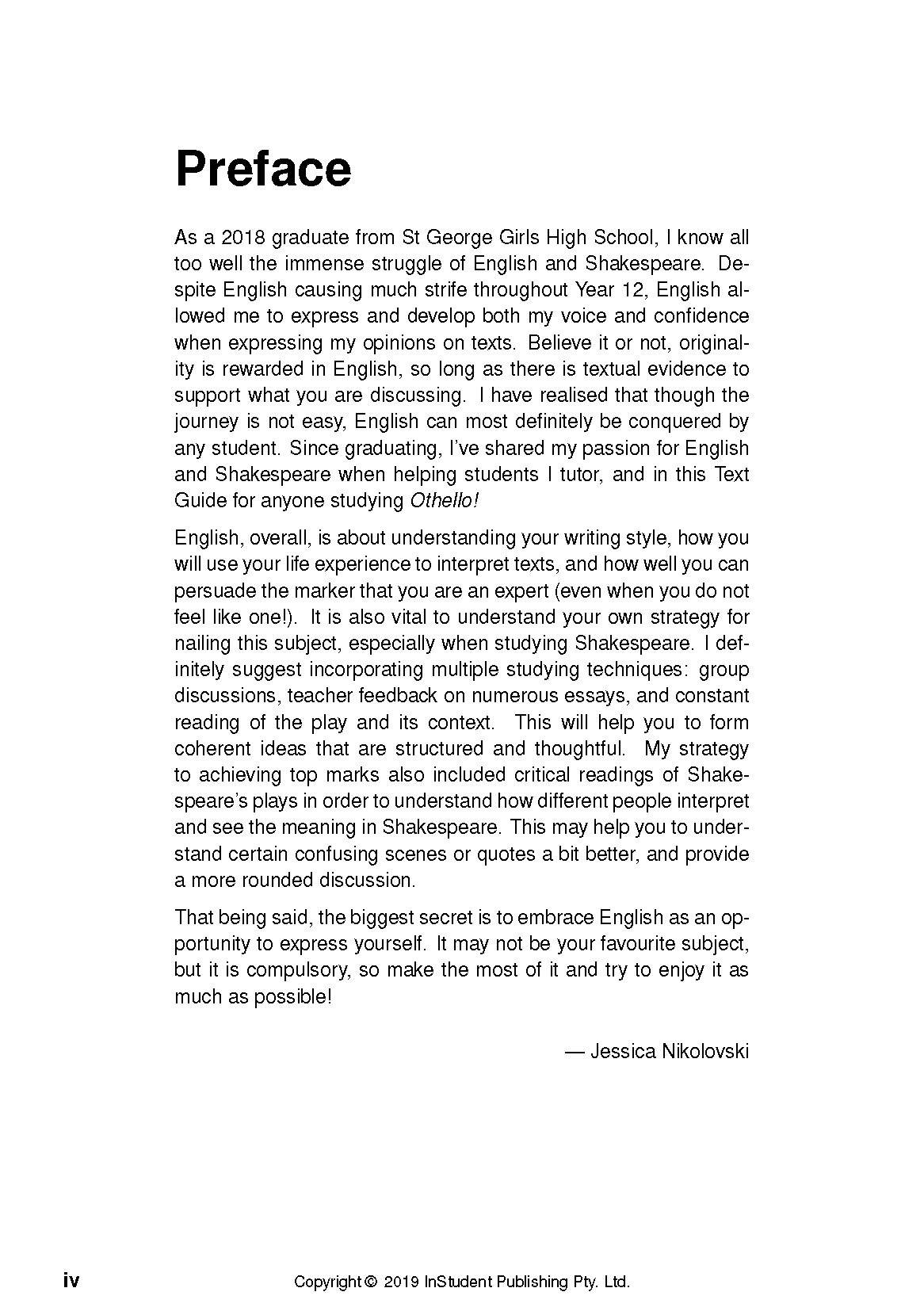 White Text Guide page by InStudent Publishing Pty. Ltd. featuring the 'Preface' section about studying Othello.