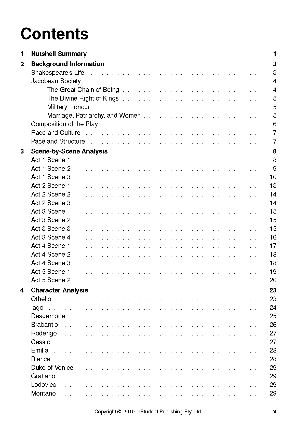Text Guide for Othello by William Shakespeare, showing a Contents page with black text and page numbers.