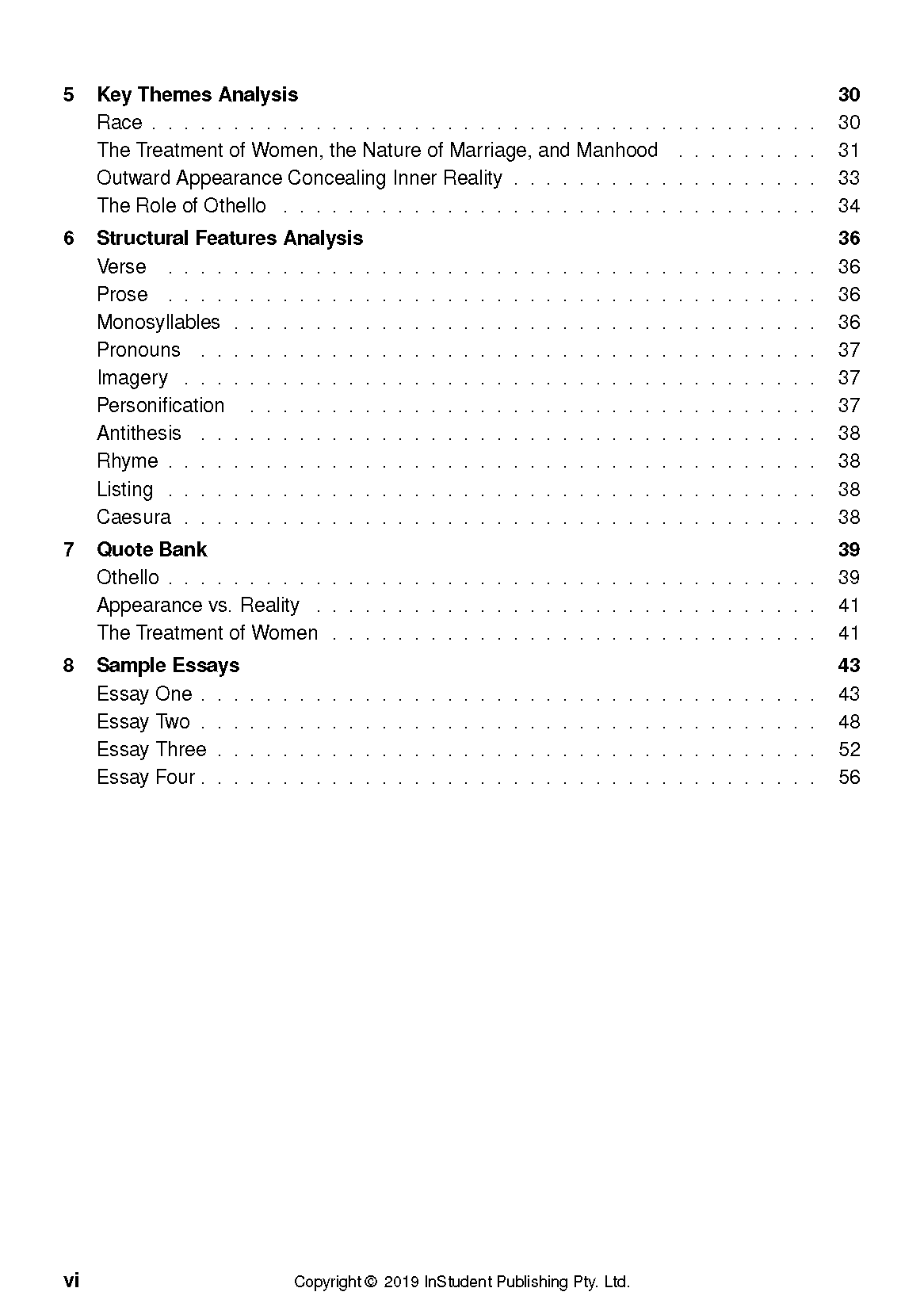 Text guide for Othello, featuring a table of contents with sections on key themes, structural analysis, a quote bank, and sample essays.
