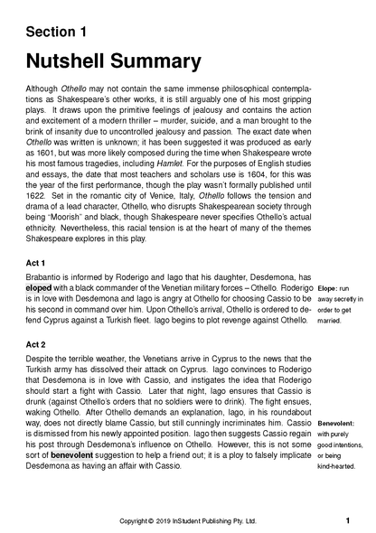 White text guide page with black text showing 'Section 1 Nutshell Summary', Othello plot, and sidebar definitions.