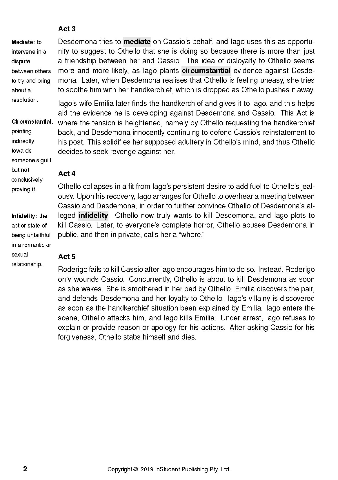 White text guide page from InStudent Publishing Pty. Ltd. with black text detailing Act 3, Act 4, Act 5 of Othello, and definitions, showing page 2.