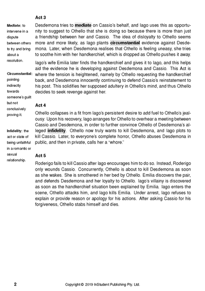 White text guide page from InStudent Publishing Pty. Ltd. with black text detailing Act 3, Act 4, Act 5 of Othello, and definitions, showing page 2.