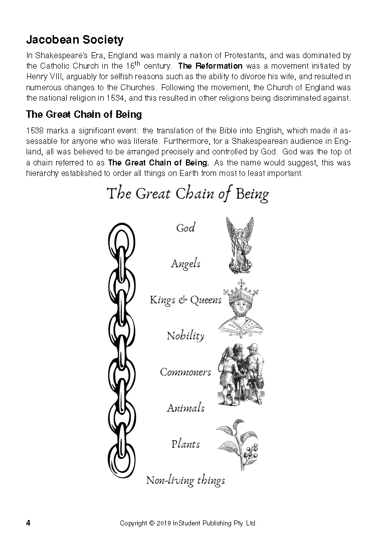 Text Guide page from InStudent Publishing Pty. Ltd. about Jacobean society and the Great Chain of Being diagram.