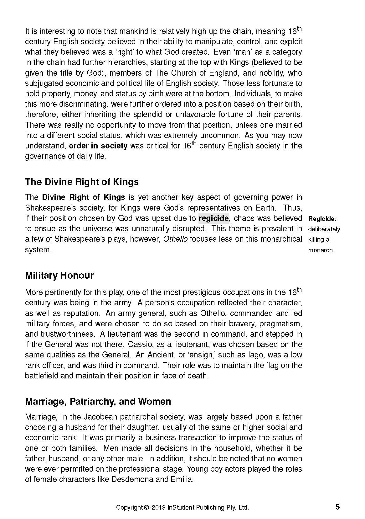 Page from a Text Guide for Othello, featuring black text on white paper with headings about society, military, and marriage, and a copyright notice.
